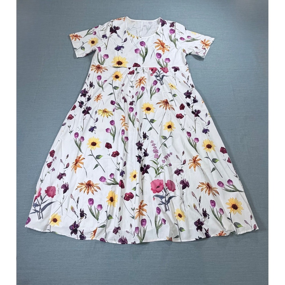 Floral Botanical Print Maxi Dress Short Sleeve Empire Waist with Pockets White